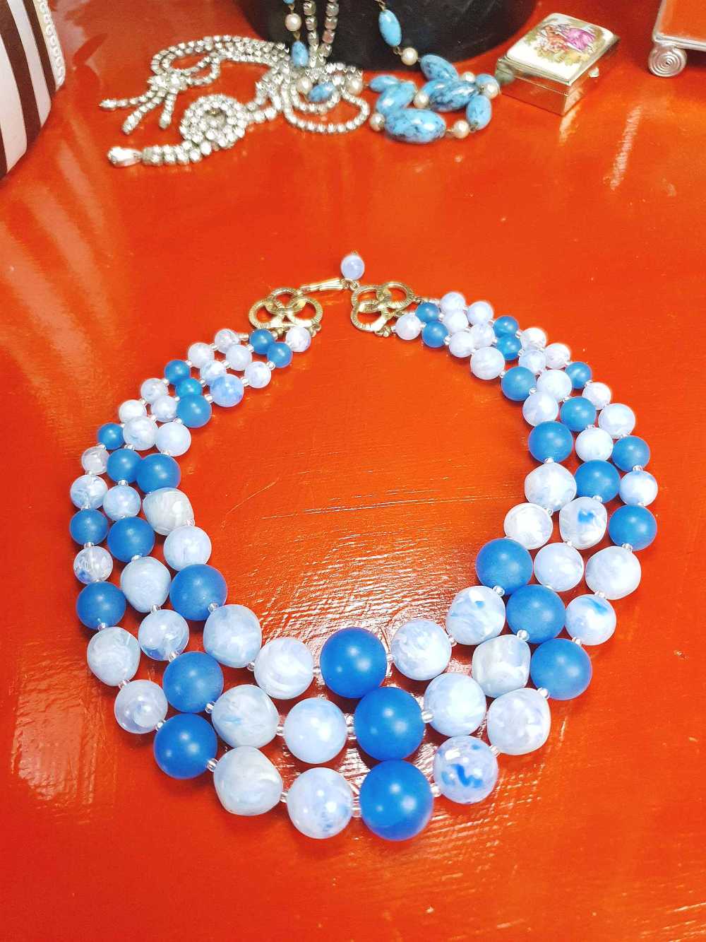 Vintage 1950s Blue Bead Necklace Choker Mid-Century Three Strand Retro