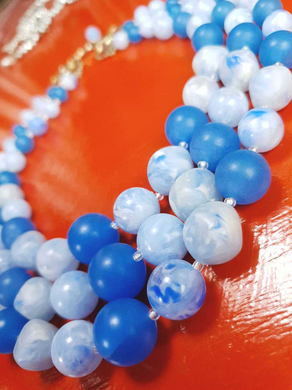 Vintage 1950s Blue Bead Necklace Choker Mid-Century Three Strand Retro