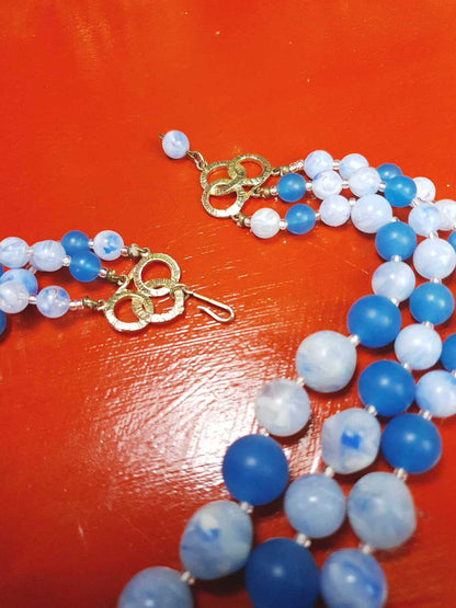 Vintage 1950s Blue Bead Necklace Choker Mid-Century Three Strand Retro
