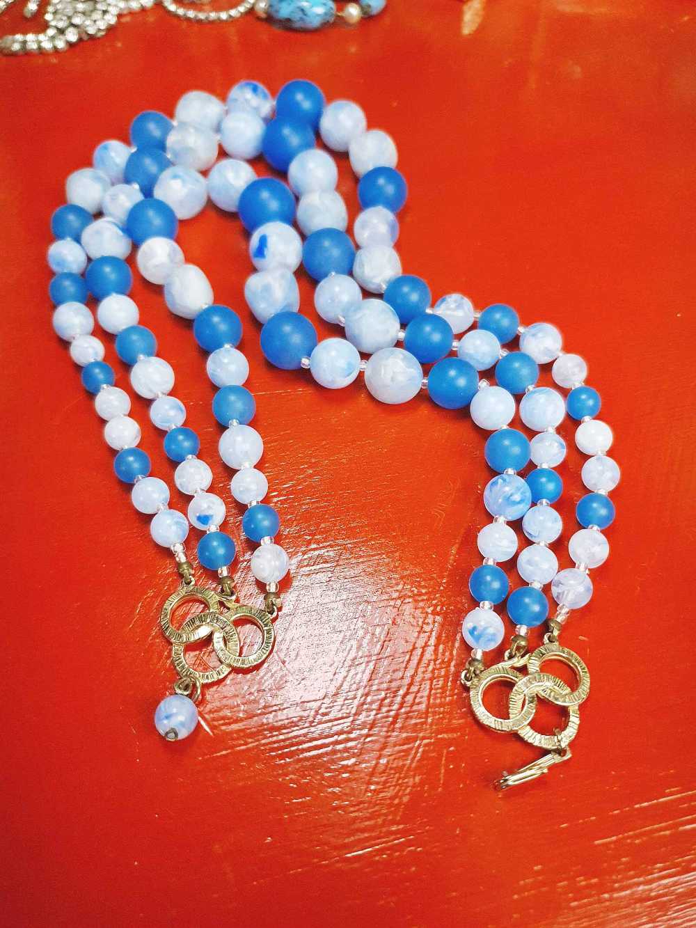 Vintage 1950s Blue Bead Necklace Choker Mid-Century Three Strand Retro