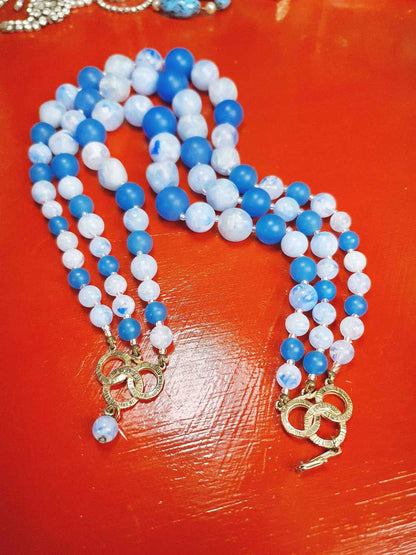 Vintage 1950s Blue Bead Necklace Choker Mid-Century Three Strand Retro