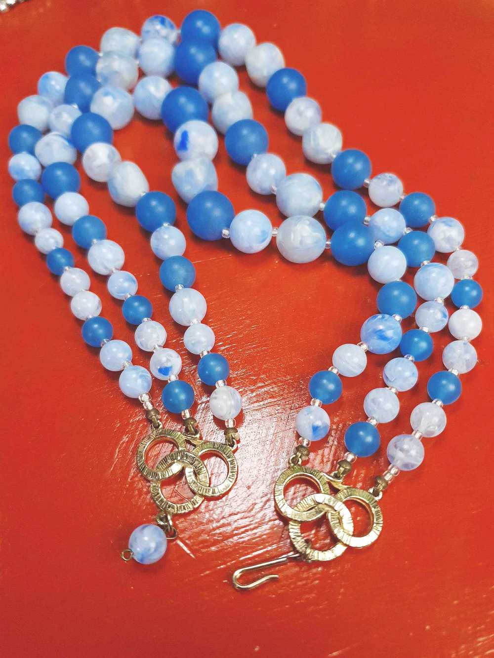 Vintage 1950s Blue Bead Necklace Choker Mid-Century Three Strand Retro