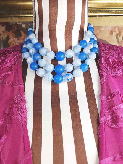 Vintage 1950s Blue Bead Necklace Choker Mid-Century Three Strand Retro