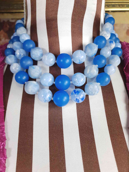 Vintage 1950s Blue Bead Necklace Choker Mid-Century Three Strand Retro