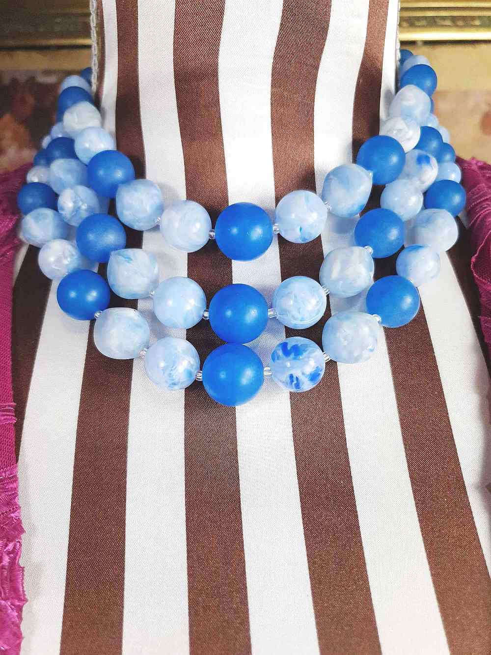 Vintage 1950s Blue Bead Necklace Choker Mid-Century Three Strand Retro