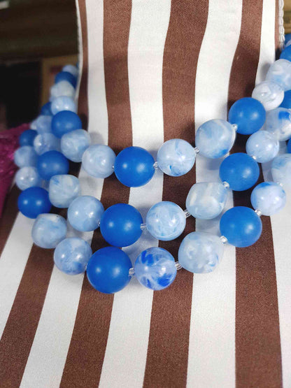 Vintage 1950s Blue Bead Necklace Choker Mid-Century Three Strand Retro