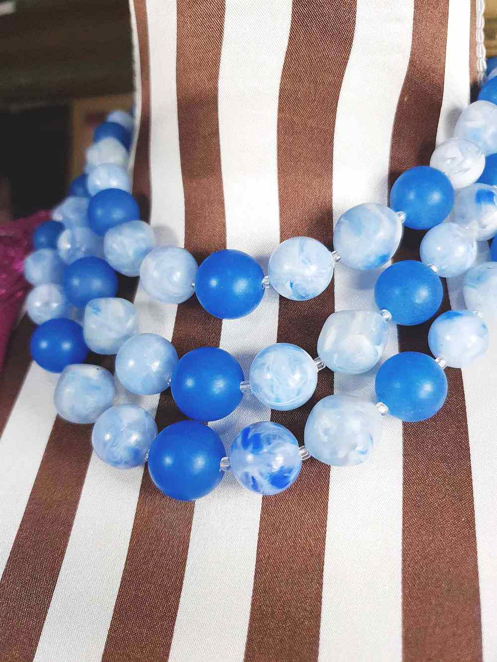 Vintage 1950s Blue Bead Necklace Choker Mid-Century Three Strand Retro