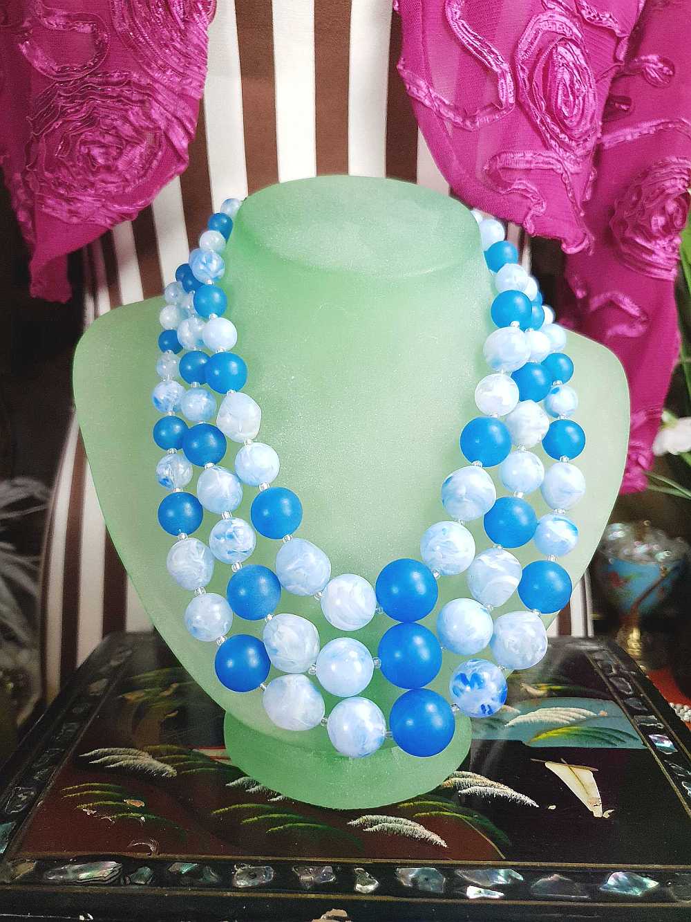 Vintage 1950s Blue Bead Necklace Choker Mid-Century Three Strand Retro