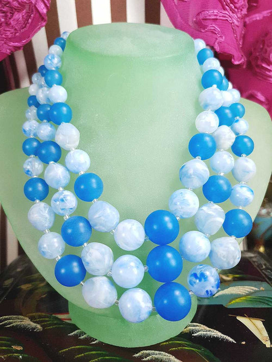 Vintage 1950s Blue Bead Necklace Choker Mid-Century Three Strand Retro