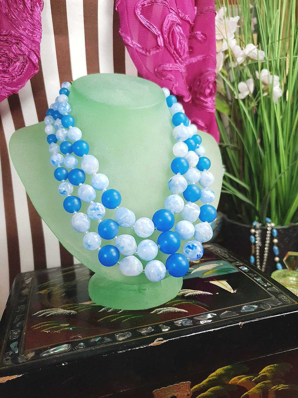 Vintage 1950s Blue Bead Necklace Choker Mid-Century Three Strand Retro