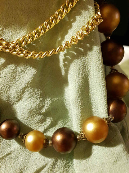 Beautiful 1950s Vintage Gold/Choc Brown Faux Pearl Multi Tier Necklace