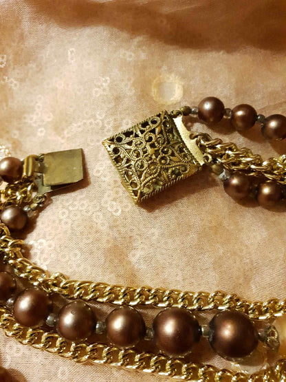 Beautiful 1950s Vintage Gold/Choc Brown Faux Pearl Multi Tier Necklace