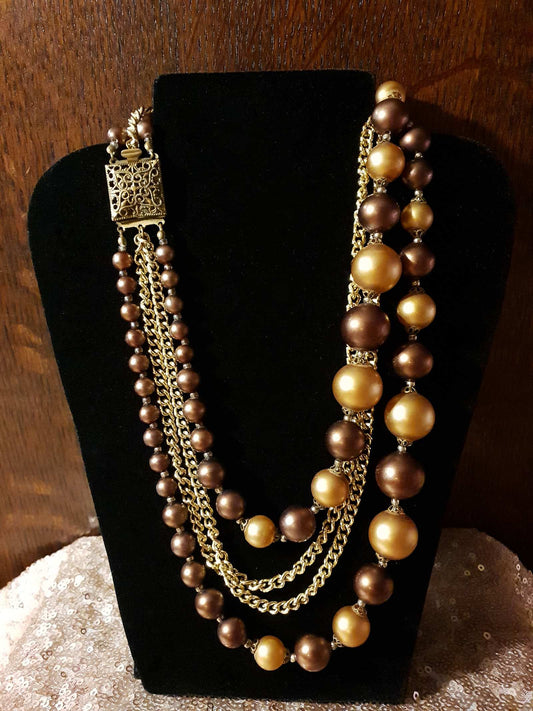 Beautiful 1950s Vintage Gold/Choc Brown Faux Pearl Multi Tier Necklace