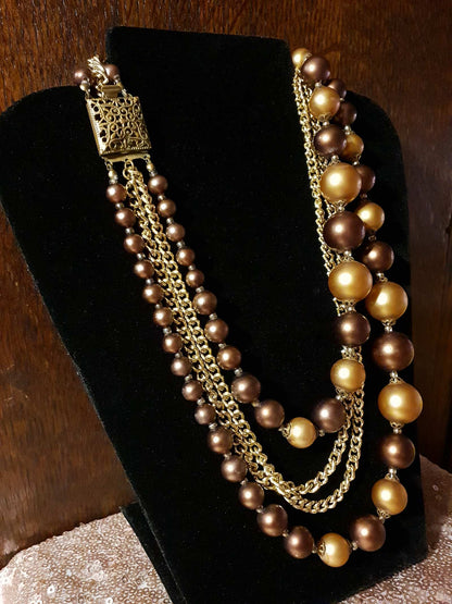 Beautiful 1950s Vintage Gold/Choc Brown Faux Pearl Multi Tier Necklace