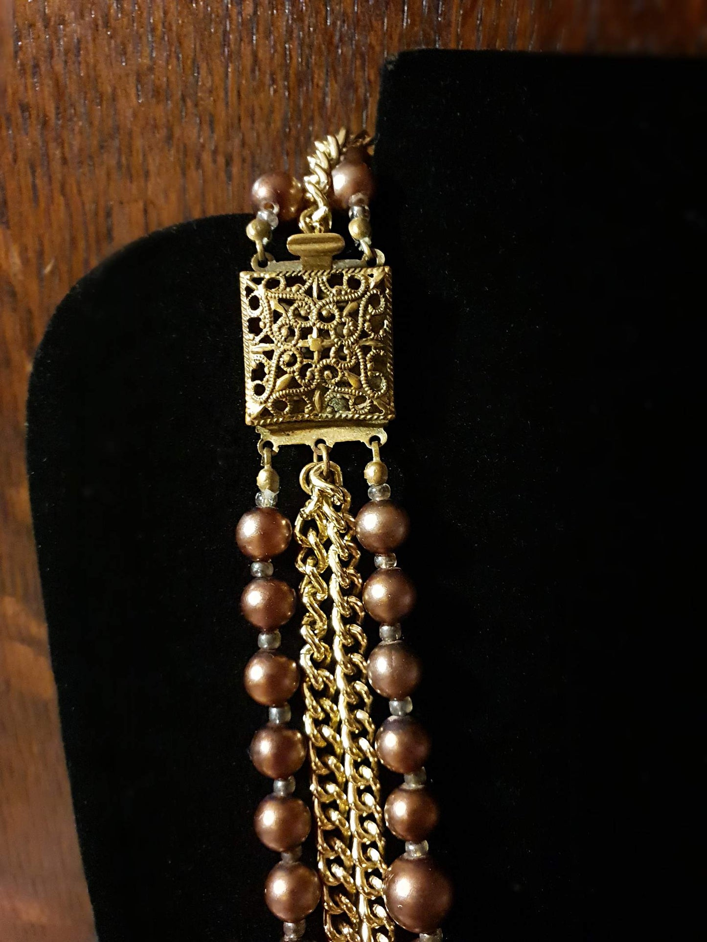 Beautiful 1950s Vintage Gold/Choc Brown Faux Pearl Multi Tier Necklace