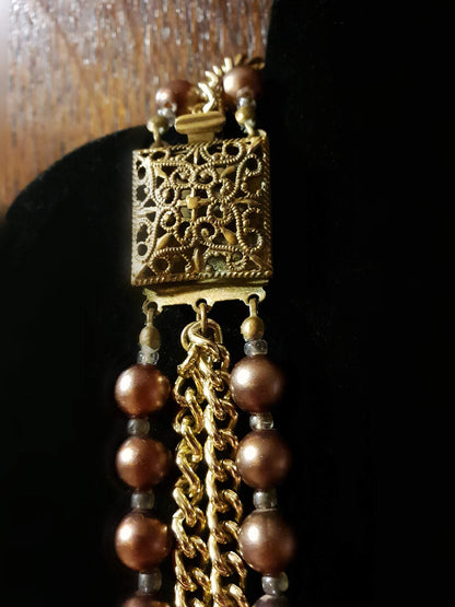 Beautiful 1950s Vintage Gold/Choc Brown Faux Pearl Multi Tier Necklace