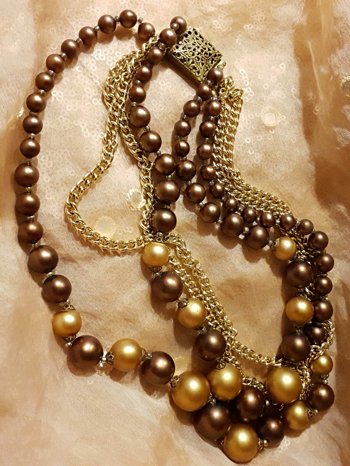 Beautiful 1950s Vintage Gold/Choc Brown Faux Pearl Multi Tier Necklace