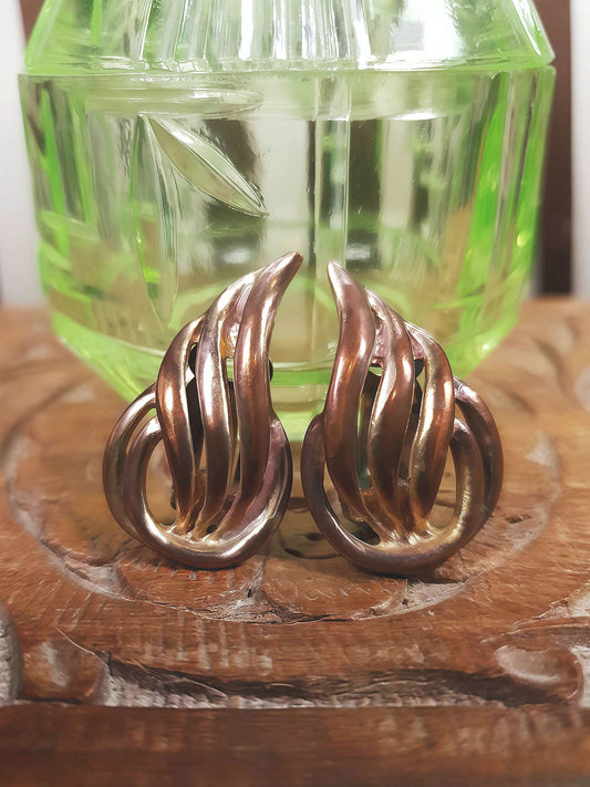 Vintage 1950s Flame Earrings Copper Brass Clip-Ons Mid-Century Modern MCM