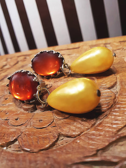 Vintage Orange Yellow Dangle Pearl Earrings 1950s Drop Crackle Glass Clip-On Mid-Century