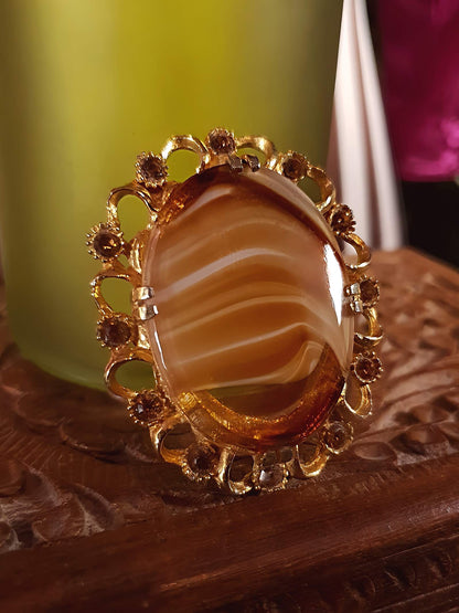 Vintage Oval Art Glass Rhinestone Brooch Victorian Revival 1960s