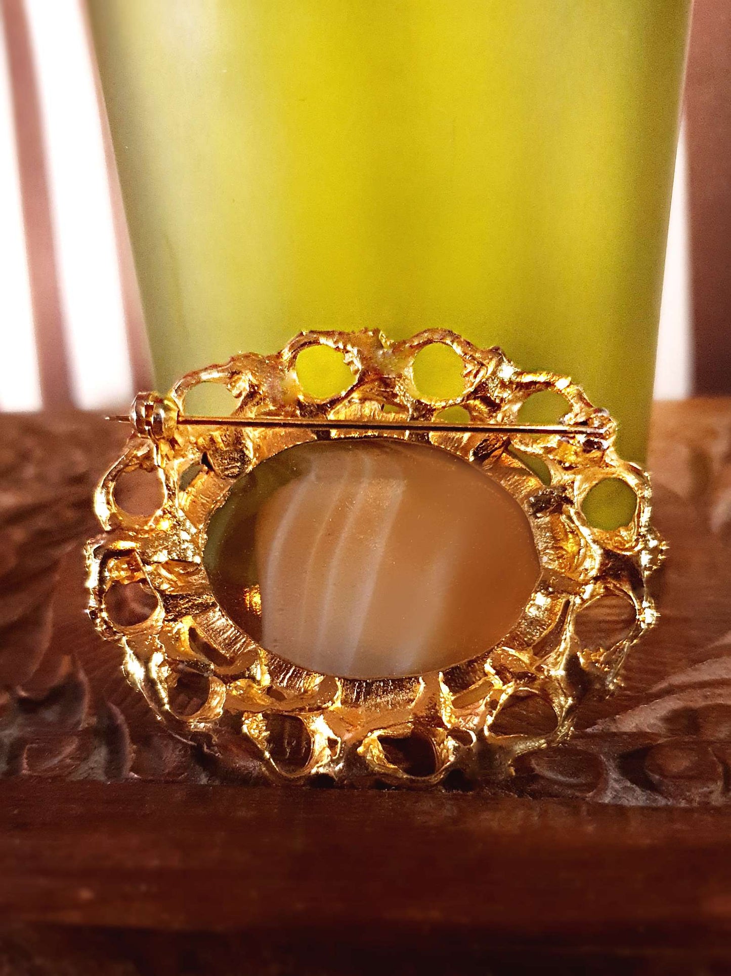 Vintage Oval Art Glass Rhinestone Brooch Victorian Revival 1960s