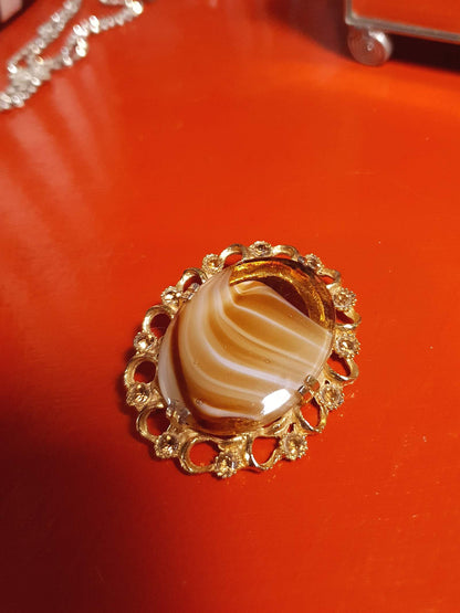 Vintage Oval Art Glass Rhinestone Brooch Victorian Revival 1960s