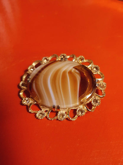 Vintage Oval Art Glass Rhinestone Brooch Victorian Revival 1960s