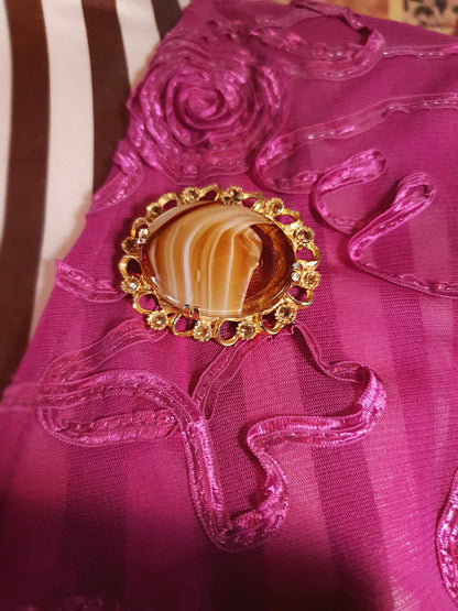 Vintage Oval Art Glass Rhinestone Brooch Victorian Revival 1960s