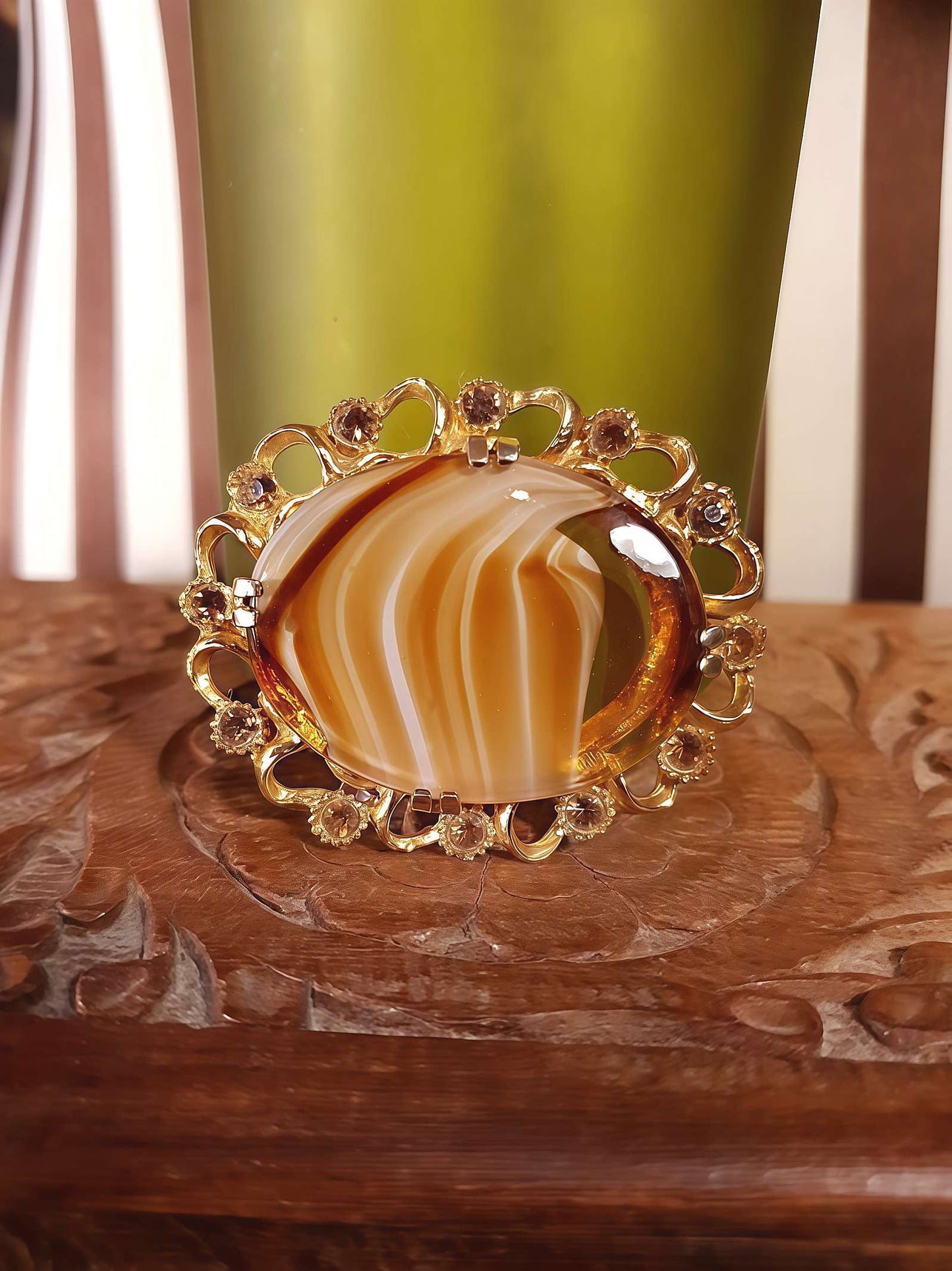Vintage Oval Art Glass Rhinestone Brooch Victorian Revival 1960s