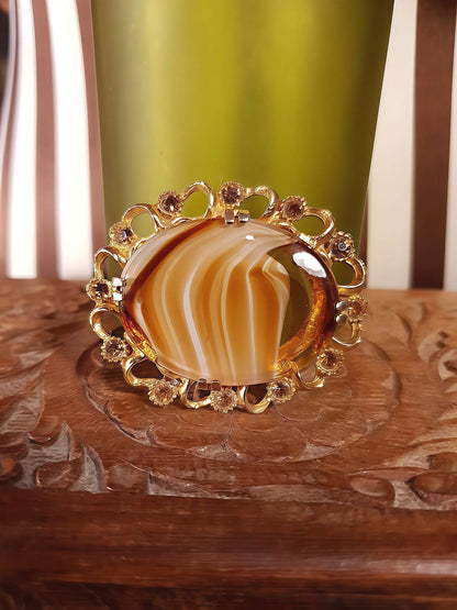 Vintage Oval Art Glass Rhinestone Brooch Victorian Revival 1960s