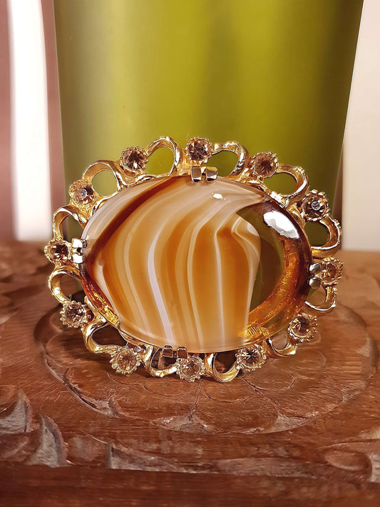Vintage Oval Art Glass Rhinestone Brooch Victorian Revival 1960s
