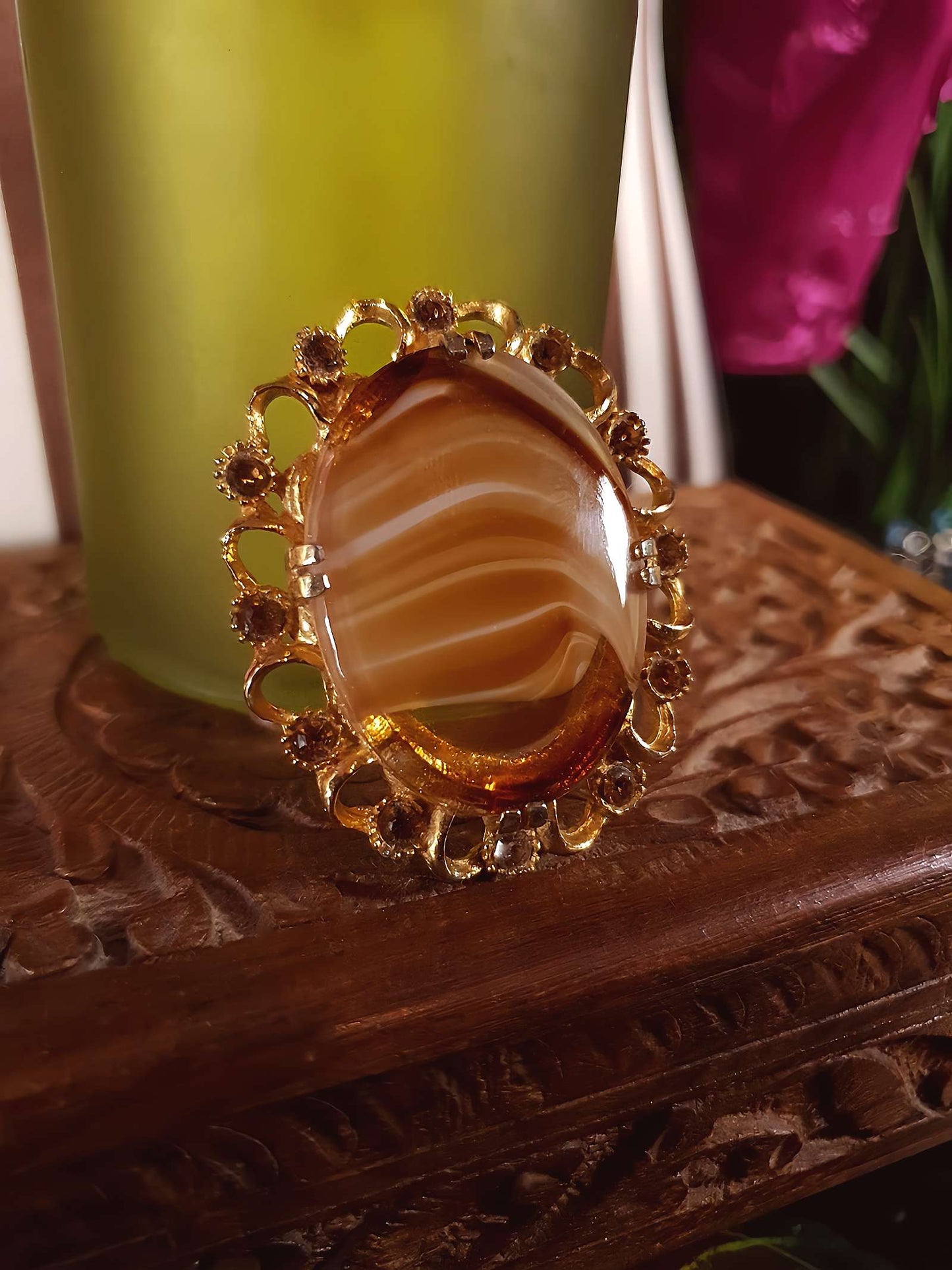 Vintage Oval Art Glass Rhinestone Brooch Victorian Revival 1960s