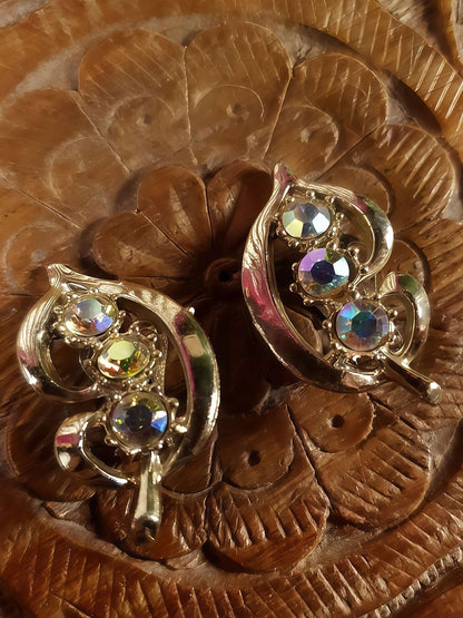 Vintage 1960s Aurora Borealis Leaf Earrings AB Rhinestone Clip-Ons Retro