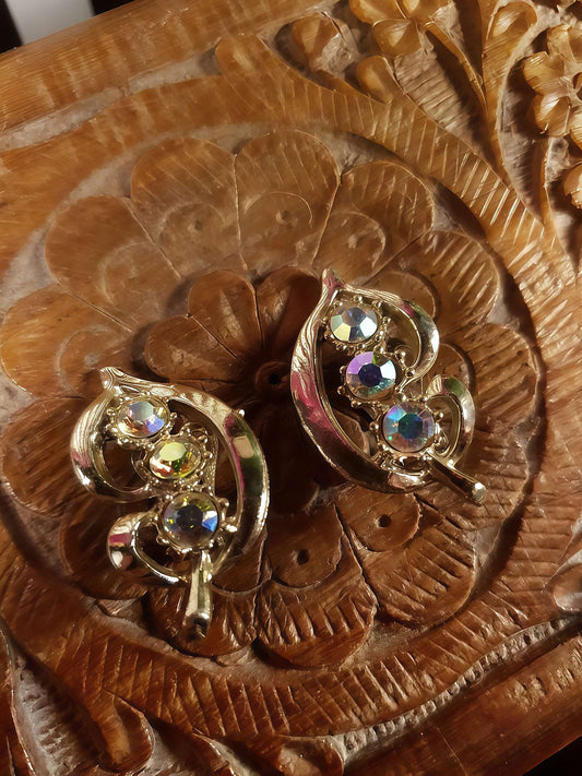 Vintage 1960s Aurora Borealis Leaf Earrings AB Rhinestone Clip-Ons Retro