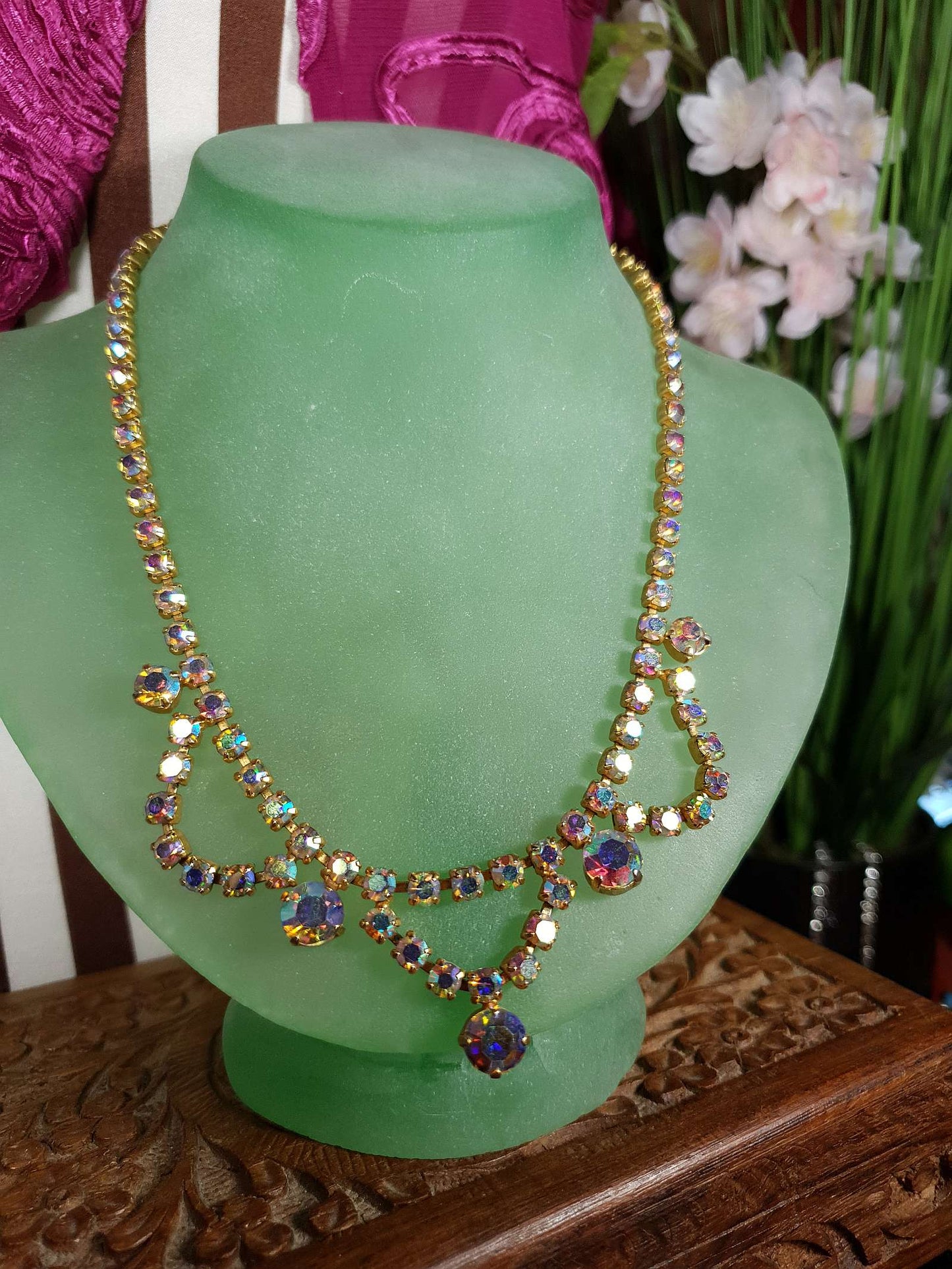 Vintage 1960s Aurora Borealis Necklace 16" Rhinestone AB Gold Tone