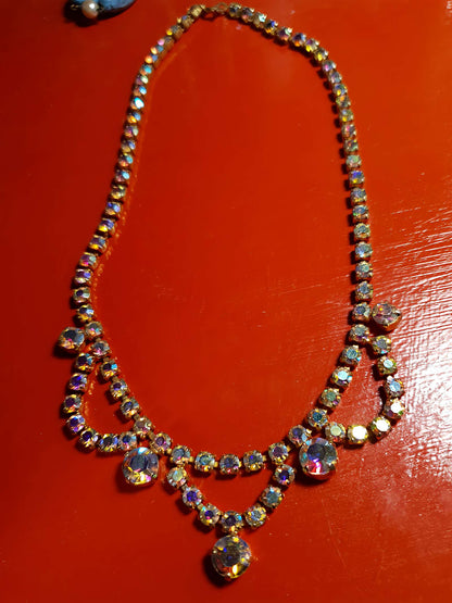 Vintage 1960s Aurora Borealis Necklace 16" Rhinestone AB Gold Tone