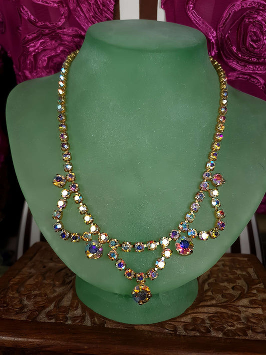 Vintage 1960s Aurora Borealis Necklace 16" Rhinestone AB Gold Tone