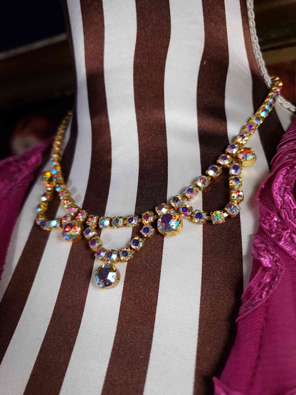 Vintage 1960s Aurora Borealis Necklace 16" Rhinestone AB Gold Tone