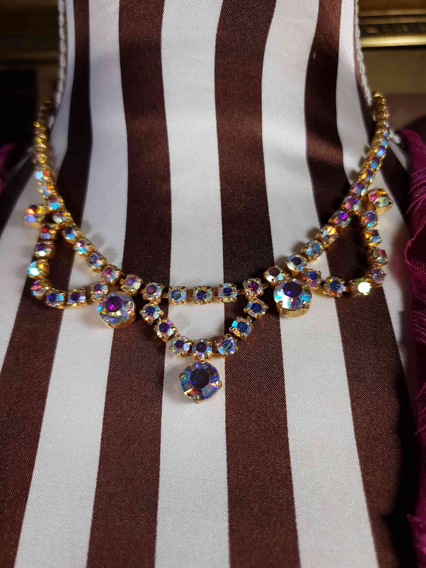 Vintage 1960s Aurora Borealis Necklace 16" Rhinestone AB Gold Tone