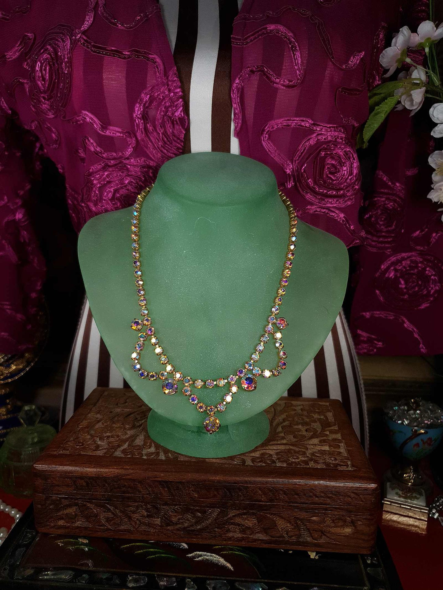 Vintage 1960s Aurora Borealis Necklace 16" Rhinestone AB Gold Tone