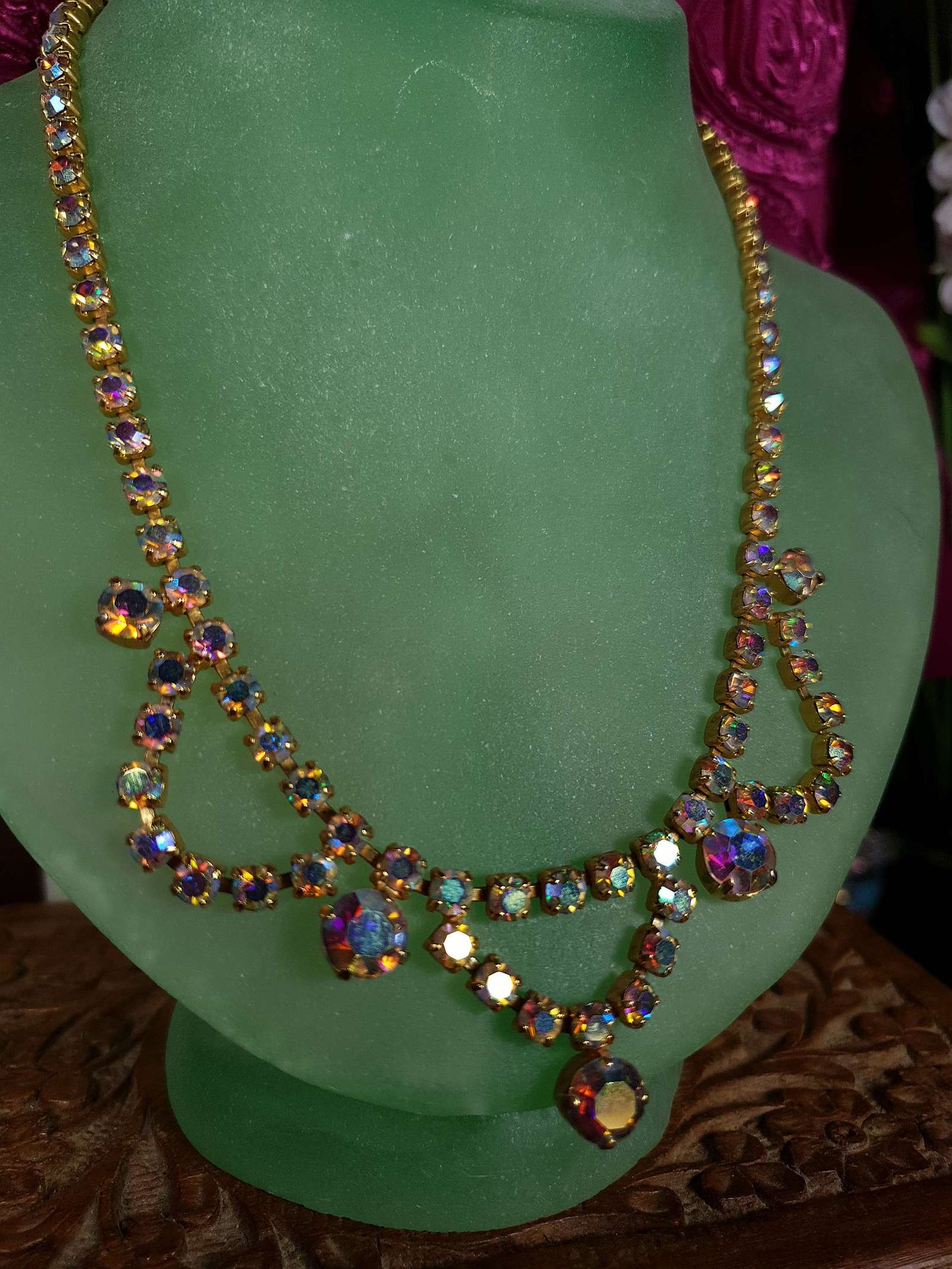 Vintage 1960s Aurora Borealis Necklace 16" Rhinestone AB Gold Tone