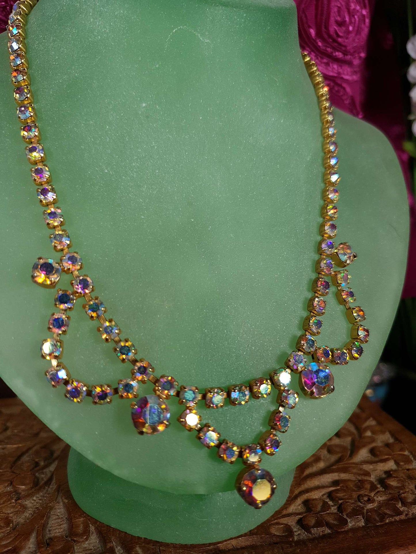 Vintage 1960s Aurora Borealis Necklace 16" Rhinestone AB Gold Tone