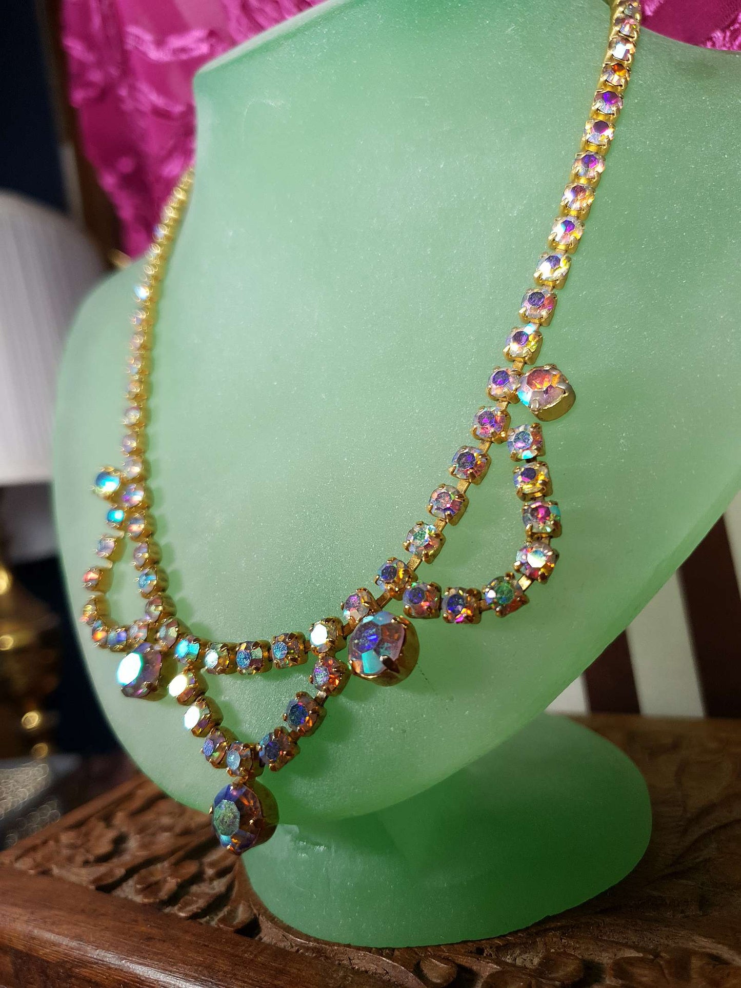 Vintage 1960s Aurora Borealis Necklace 16" Rhinestone AB Gold Tone