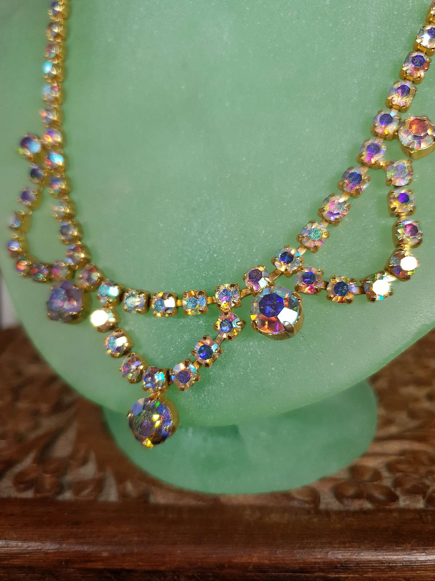 Vintage 1960s Aurora Borealis Necklace 16" Rhinestone AB Gold Tone