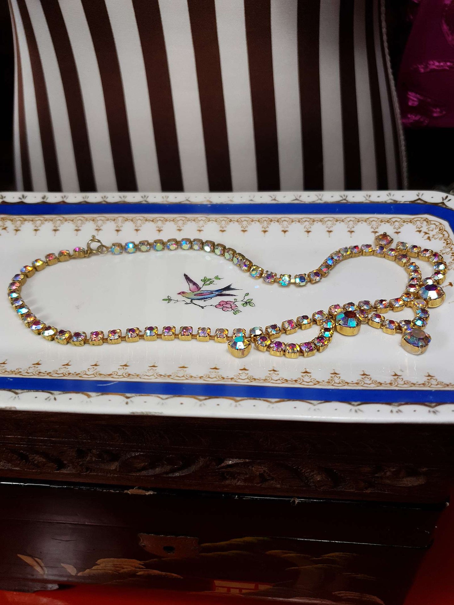 Vintage 1960s Aurora Borealis Necklace 16" Rhinestone AB Gold Tone