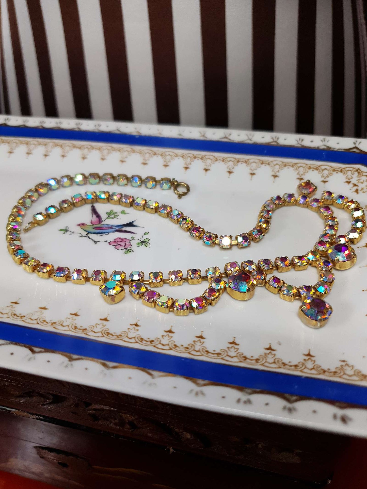 Vintage 1960s Aurora Borealis Necklace 16" Rhinestone AB Gold Tone