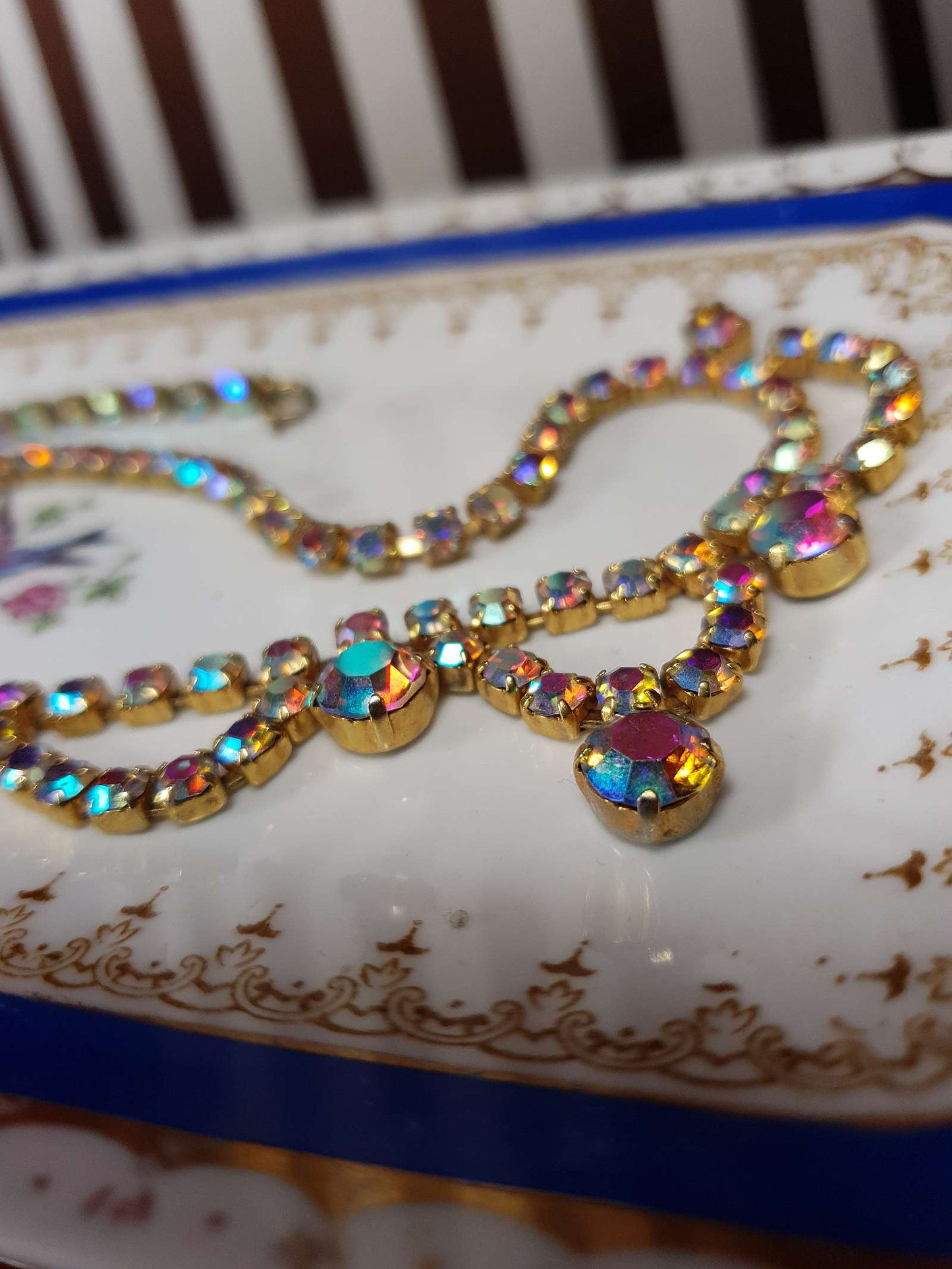 Vintage 1960s Aurora Borealis Necklace 16" Rhinestone AB Gold Tone