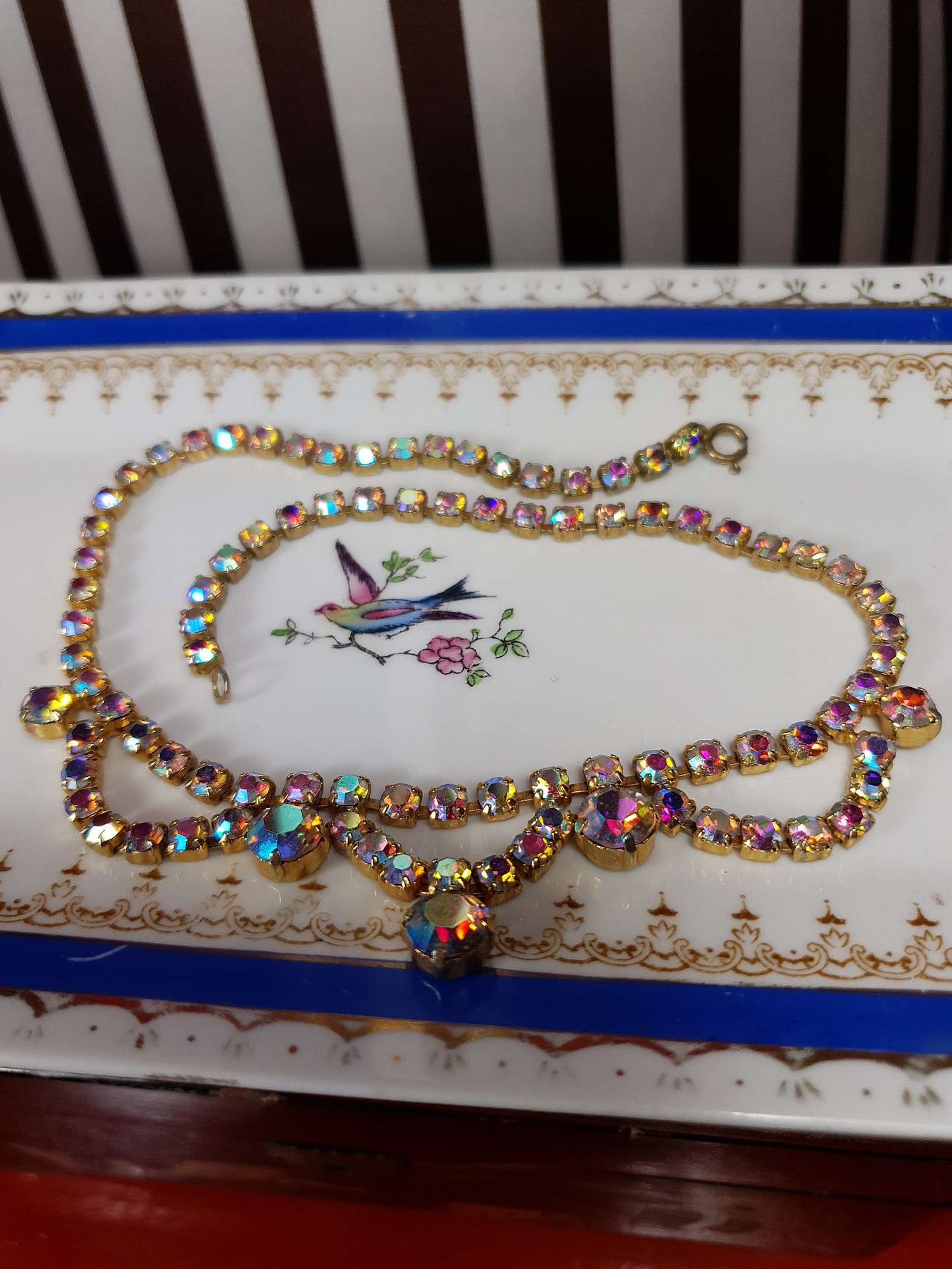 Vintage 1960s Aurora Borealis Necklace 16" Rhinestone AB Gold Tone