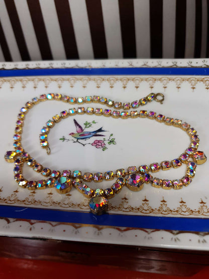 Vintage 1960s Aurora Borealis Necklace 16" Rhinestone AB Gold Tone