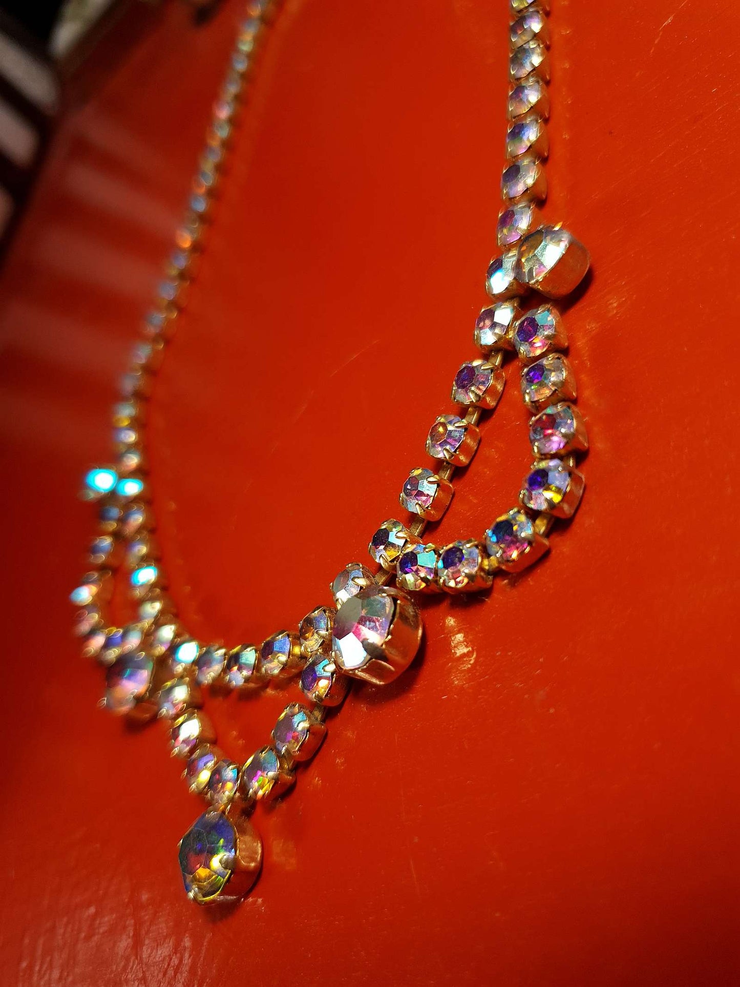 Vintage 1960s Aurora Borealis Necklace 16" Rhinestone AB Gold Tone